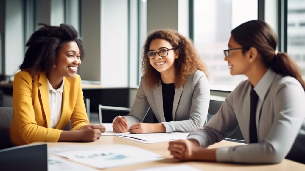 An eager young student sitting across from a panel of three diverse university interviewers in a bright, modern office, with each panel member displaying a friendly demeanor, while the student confide