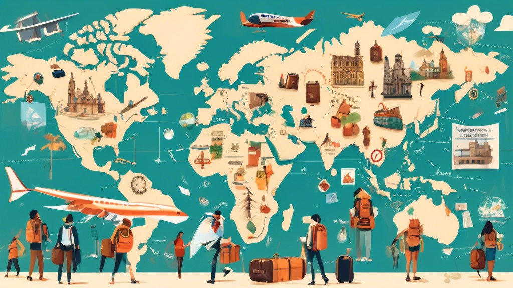 An illustrated world map dotted with various travel icons like airplanes, passports, and luggage, featuring diverse international students with backpacks discussing and pointing at different destinati