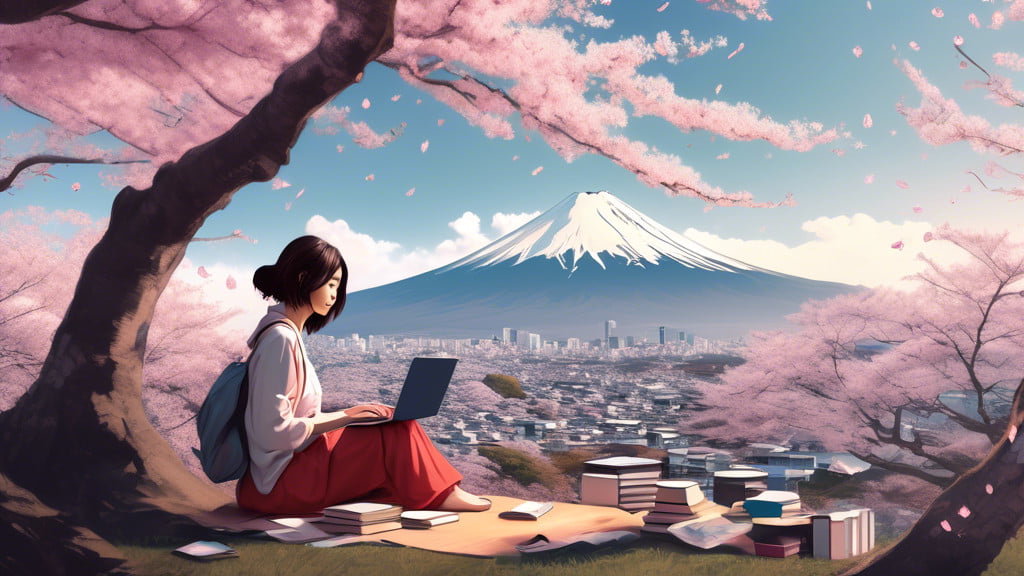 An artistic digital illustration of a young woman sitting under a cherry blossom tree in Japan, with a laptop open and books scattered around her, while glancing at the distant view of Mount Fuji, sym