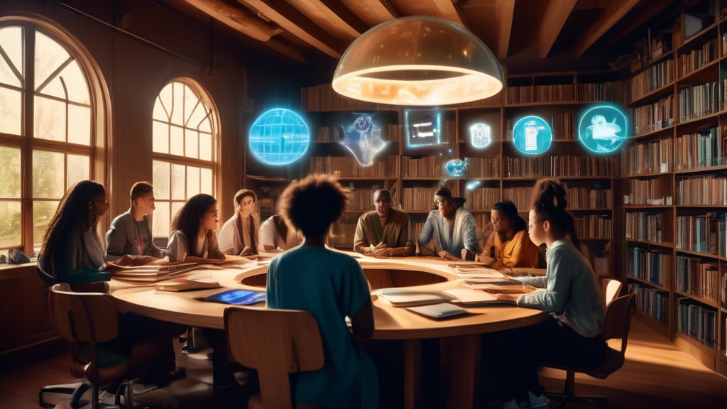 A visually engaging library setting where a diverse group of thoughtful young adults is gathered around a large, circular wooden table, each with a glowing holographic display above their heads showin