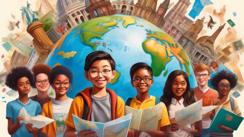 A vibrant and detailed digital painting depicting a young student surrounded by a diverse group of people from different cultures, standing in front of a globe covered with various famous internationa