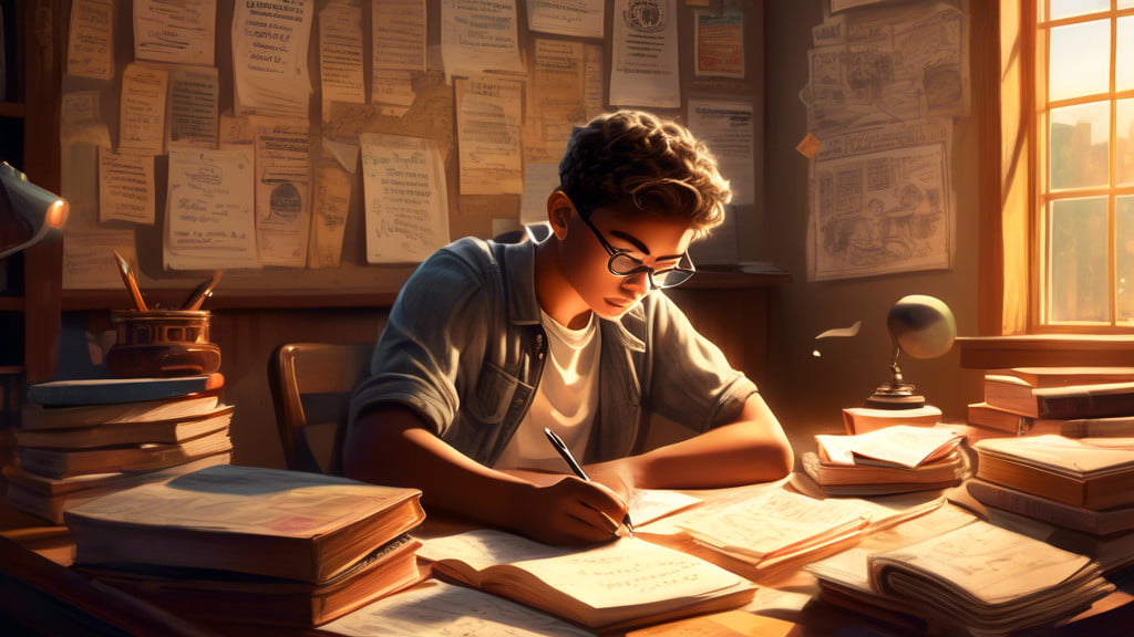 An imaginative and detailed illustration of a young student sitting at a vintage wooden desk, surrounded by books, a laptop, and notes, deeply focused as they write a statement of purpose. The backgro