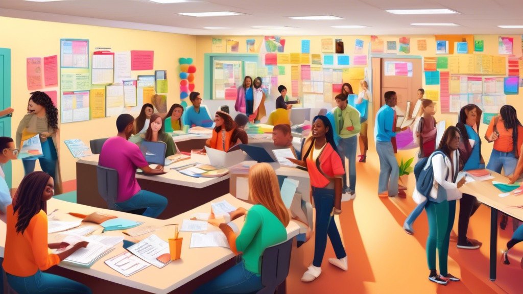 A bustling college admissions office with diverse students handing in applications and speaking with advisors, set in a colorful, organized, and friendly environment, with visual elements highlighting