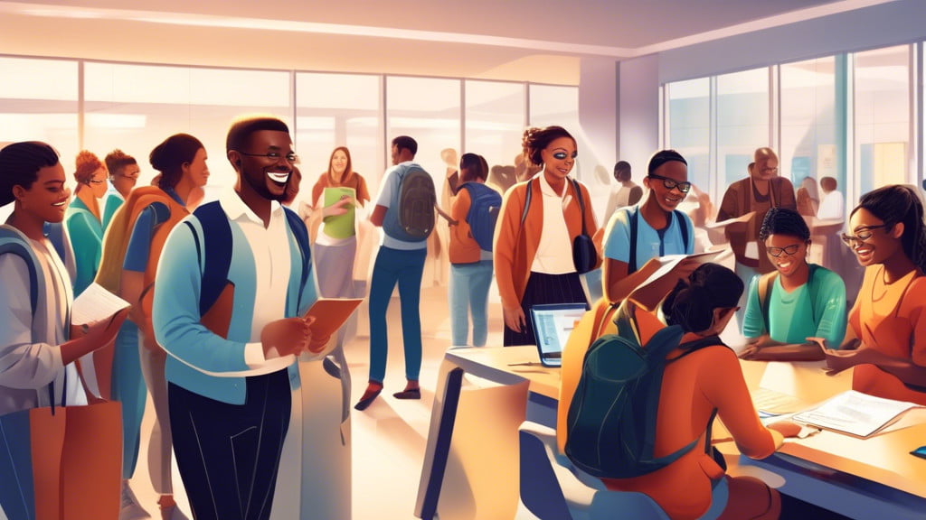 An illustrated scene showing a diverse group of students happily going through the process of applying for a student visa at a brightly lit, modern visa application center, with friendly staff members