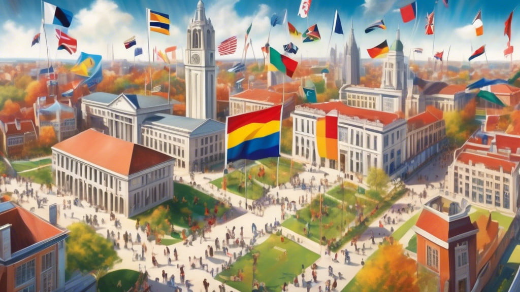 An artistic representation of the top five universities in [Country] for international students, depicted as vibrant, bustling campuses with flags of various nations flying, students from diverse ethn