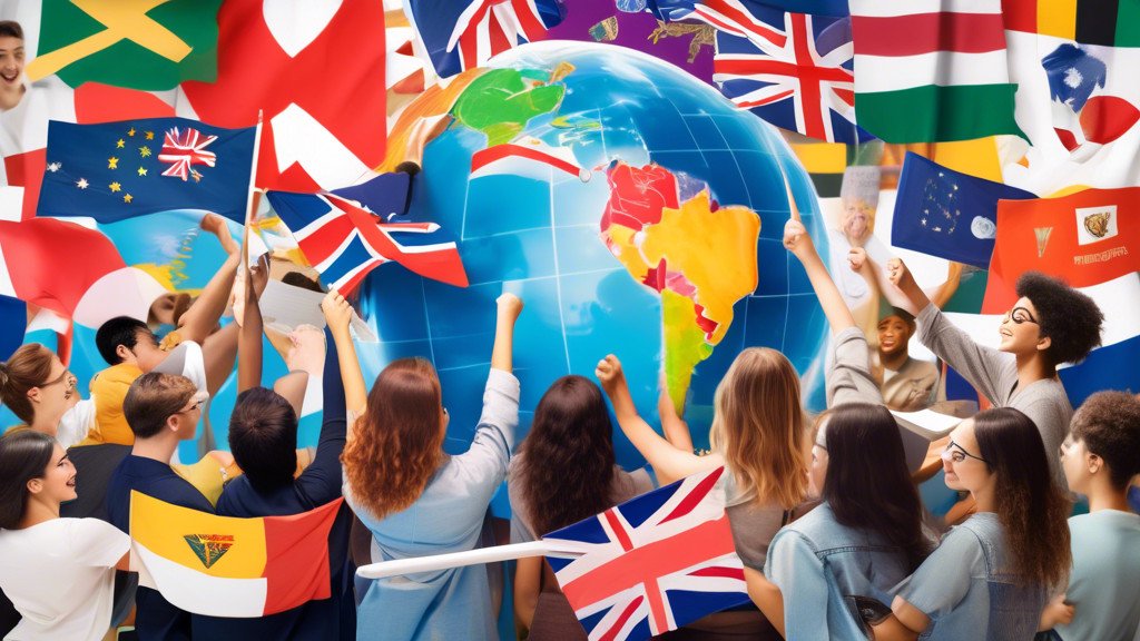 Vibrant collage of students from diverse backgrounds holding flags from various countries, studying together at a library filled with books labeled 'Top Master's Programs 2024' around a globe illumina