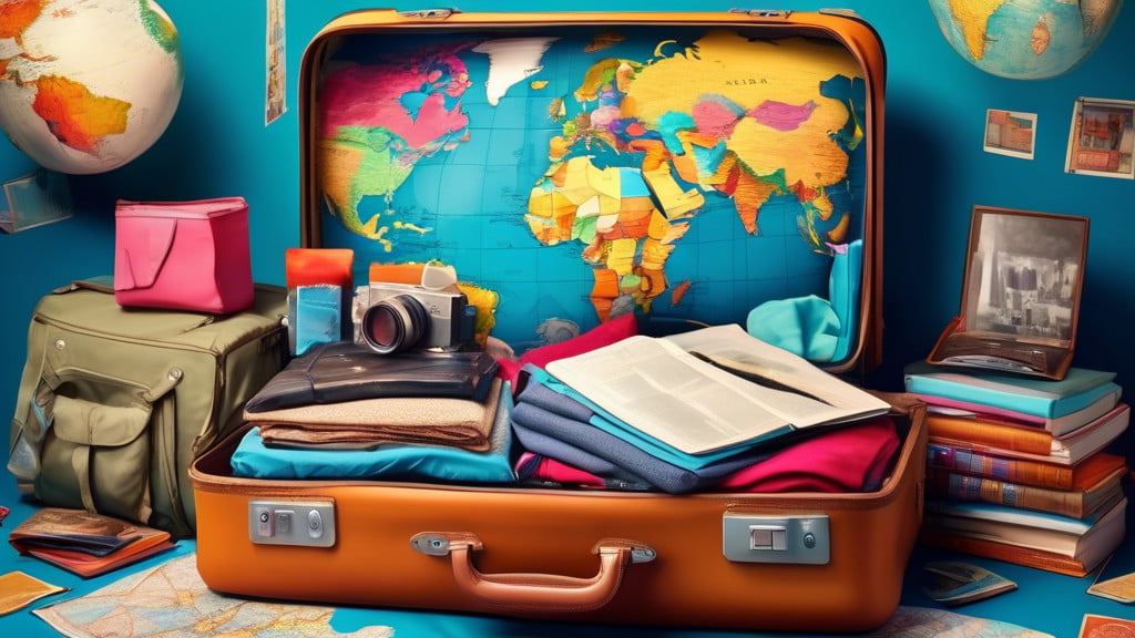 A vibrant and colorful illustration of a packed suitcase open on a bed, filled with travel essentials like clothing, books, a laptop, a passport, and cultural items from around the world, while a worl